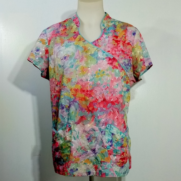 Elan by Barco Pink Blue Embroidered Pocketed Scrub Top Sz Lg - Picture 4 of 5